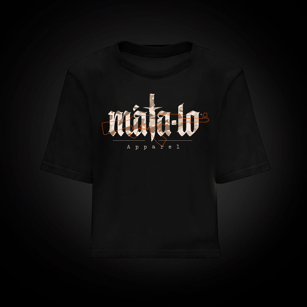 Camiseta croptop Máta-lo AK47 en beige, frontal