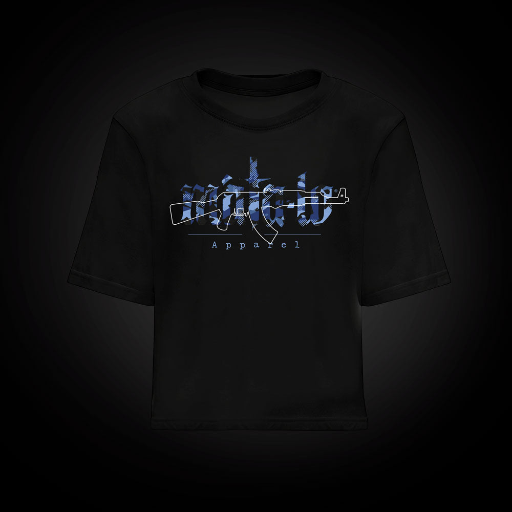 Camiseta croptop Máta-lo AK47 en azul marino, frontal