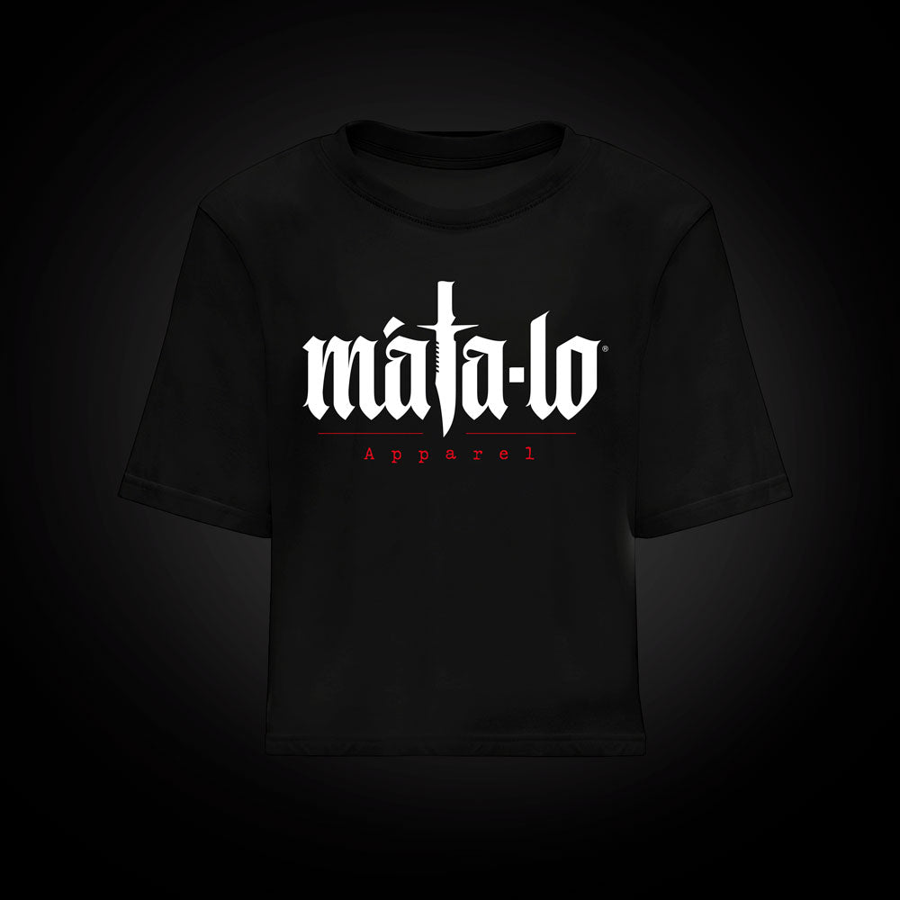 Camiseta croptop Iconic Máta-lo Blanco en negro, frontal Imagen principal del producto