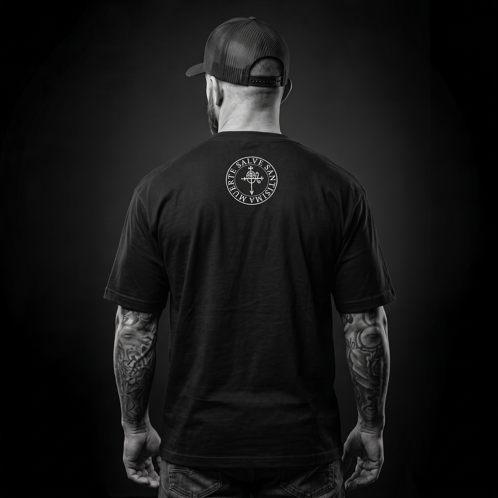 Modelo con la camiseta oversize Santa Muerte Limited Gold en negro, espalda
