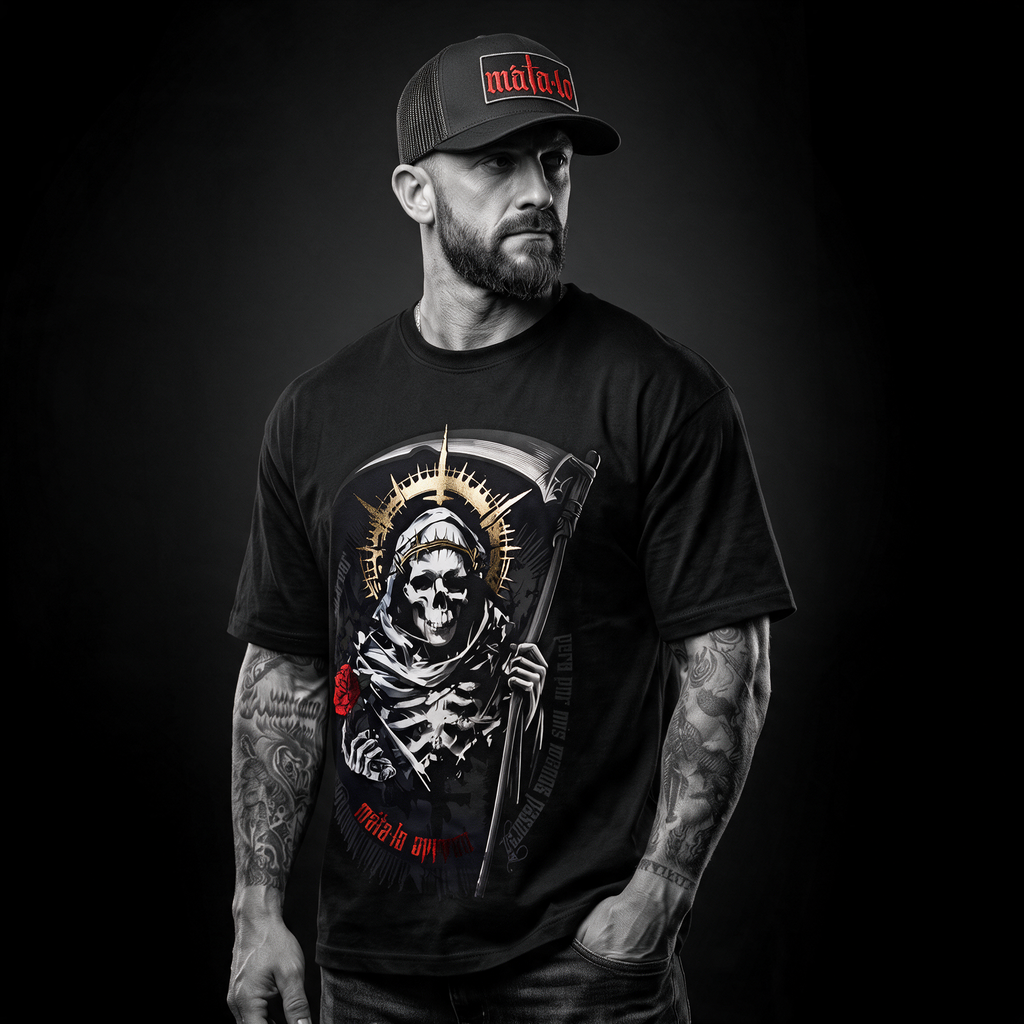 Modelo con la camiseta oversize Santa Muerte Limited Gold en negro, frontal